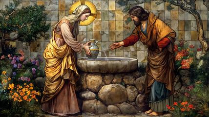 Biblical Illustration, Jesus talking with Samaritan woman at the Jacob’s well
