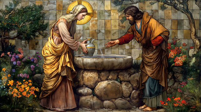 Biblical Illustration, Jesus talking with Samaritan woman at the Jacob&rsquo;s well