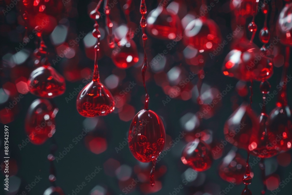 Poster a bunch of red beads suspended from above, creating a decorative display