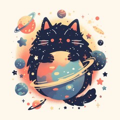 Fototapeta premium Adorable black cat hugging a planet, surrounded by colorful planets and stars, representing a whimsical and playful space theme.