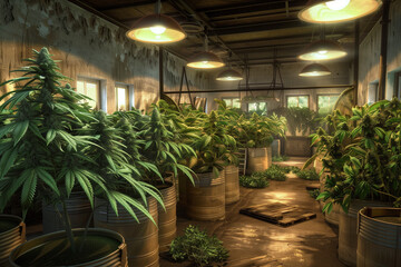 commercial farming of medical cannabis plants in a modern and automated indoor greenhouse growing for medicinal purpose