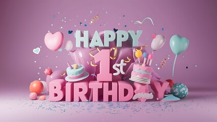 Minimalist 3D Pastel theme Happy 1st Birthday Background With Illustration Of Cake, Balloons, Heart And Confetti, 3d Happy Birthday Background