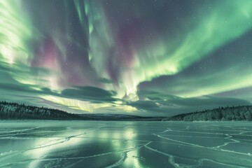 Naklejka premium A breathtaking wide-angle shot of the Northern Lights dancing across a starry sky