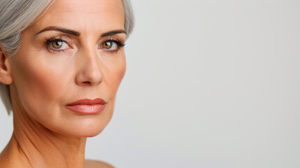 Naklejka premium Stunning portrait of a s midaged woman gazing confidently at the camera against a white backdrop.