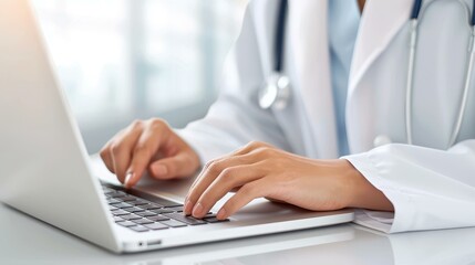 Fototapeta premium Doctors collaborating on patient care in a modern hospital using laptops.