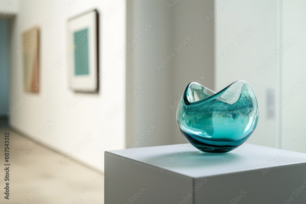 Poster serene mockup scene with vibrant blue glass sculpture on a soft white surface in a minimalist galler