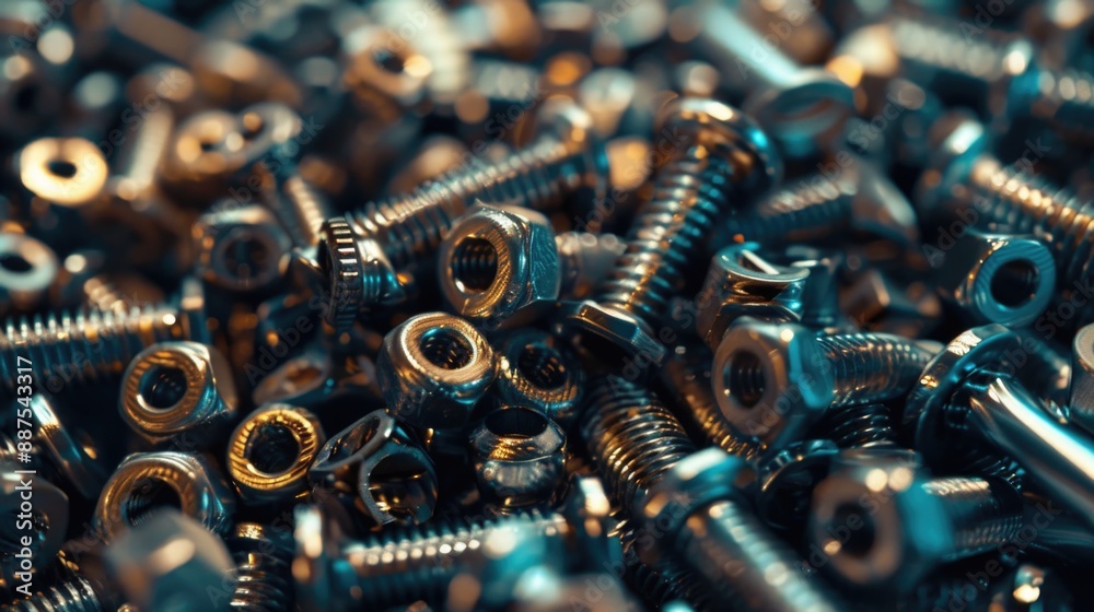 Poster A collection of screws and nuts stacked on top of each other, great for illustrations about DIY projects or technical concepts