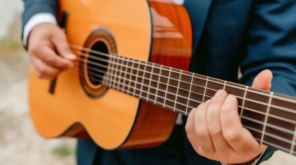 Obraz premium Elderly man in a classic suit playing acoustic guitar in a Spanish traditional live music performance.