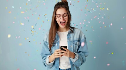 Happy woman with phone winning prize and confetti shower.
