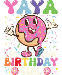 A cheerful donut cartoon character with sprinkles and pink frosting, celebrating a birthday with colorful letters.