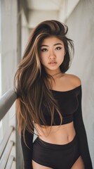 Stunning black top crop full body photo of Asian woman with long legs, brown hair, fair skin, and exquisite face.