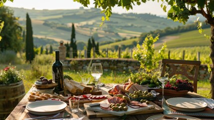 Obraz premium A picturesque outdoor dining scene in an Italian vineyard, with a table set with assorted charcuterie