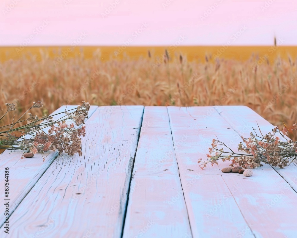 Poster serene rustic pastel grey wooden table in rural field at sunset for product display with natural bok