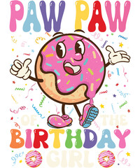 A cheerful donut character with sprinkles and frosting, celebrating a birthday.  The design is colorful and fun, perfect for a birthday card or party decoration.