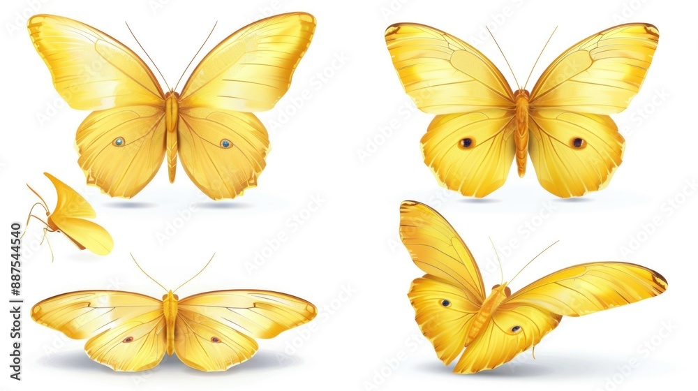 Poster A cluster of bright yellow butterflies on a pure white background, ideal for use in design projects or as a decorative element