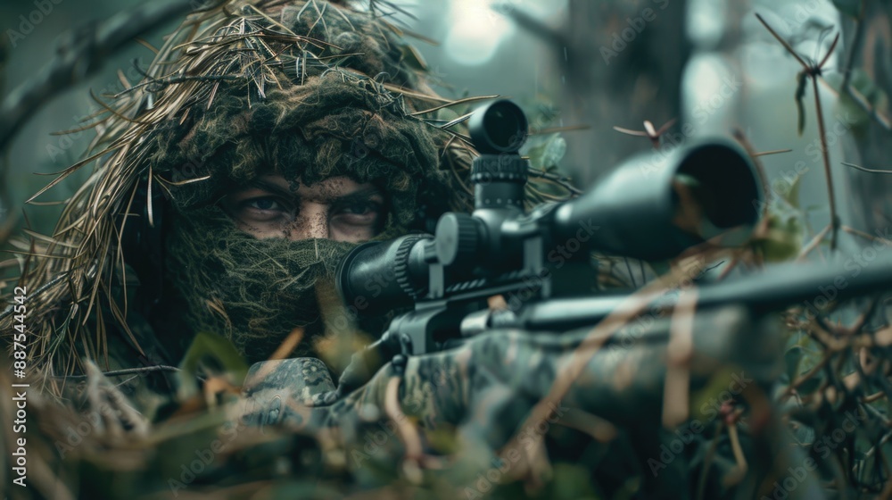 Wall mural A person dressed in camouflage clothing is holding a rifle while standing in a woodland area