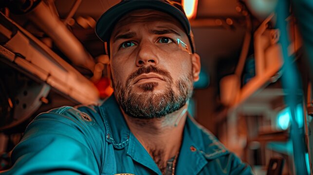 Auto mechanic in blue work attire and cap inspecting under vehicle in contemporary garage