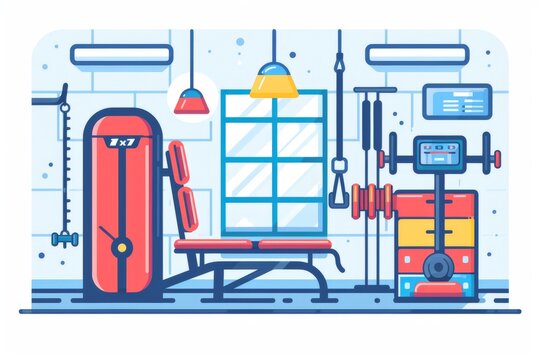 Illustrated gym environment with a variety of fitness machines and equipment highlighting a well equipped space