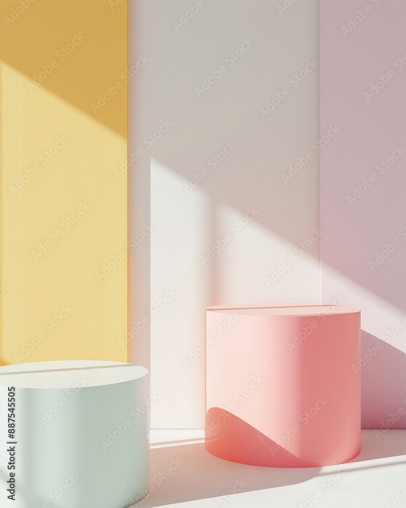 Aufkleber Minimalist Multicolored Circular Podiums on Soft White Background for Product Display, Featuring Soft Natural Lighting and Monochromatic Color Scheme