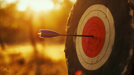 Arrow hitting bullseye on an archery target in sunset light.