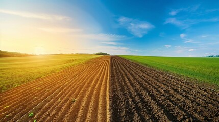 Plowed and unplowed fields under a blue sky at sunrise.