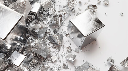 Silver metal crystals and small cubes rest against a white backdrop.