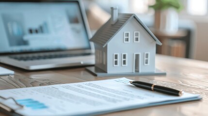 Obraz premium Real Estate Investment Concept with Close-up of House Model, Pen, and Contract on Desk in Daylight Office Setting