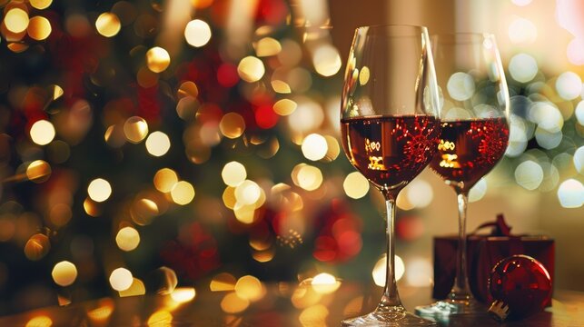 Sparkling bokeh enhances Christmas themed wine glasses
