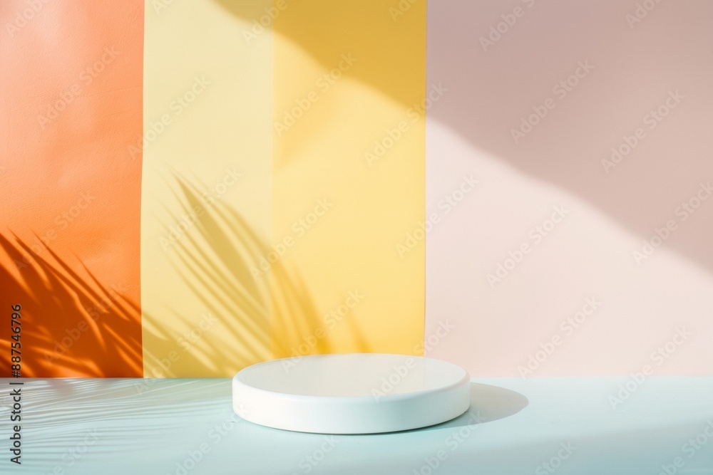 Poster vibrant minimalist mockup with raw textured plastic podium, soft lighting, and multicolored monochro