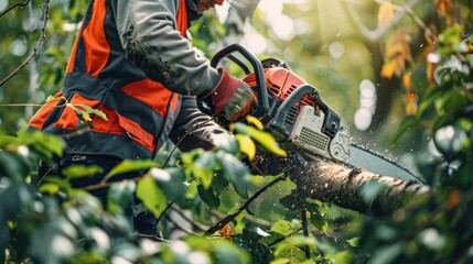 An arborist, wearing safety gear, uses a chainsaw to trim a branch from a tree in a dense forest. Sawdust flies as the powerful tool cuts through the wood