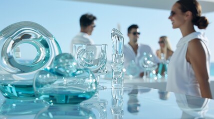 Diverse Friends Socializing in Glass-Accented Lounge Overlooking Cityscape at Evening
