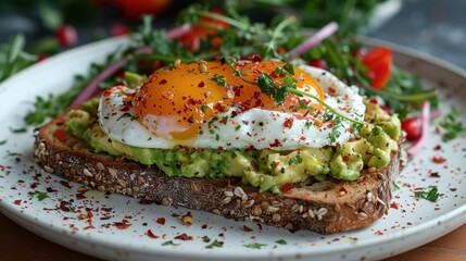 Delicious avocado toast topped with perfectly cooked eggs, garnished with herbs and spices on a rustic plate.