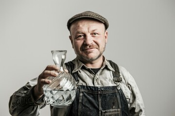 Skilled Artisan Showcasing Glassware Craftsmanship in Traditional Workwear