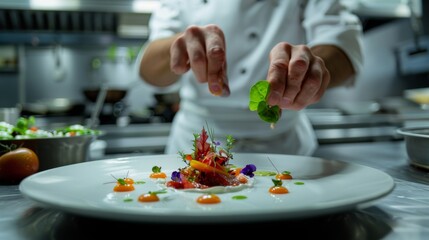 A chef mastering the art of plating and presentation, elevating their culinary creations to works...