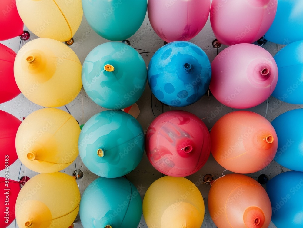 Poster Vibrant Aerial View of Multicolored Balloons Arranged in a Symmetrical Geometric Pattern, Emphasizing Intricate Textures and Soft Lighting