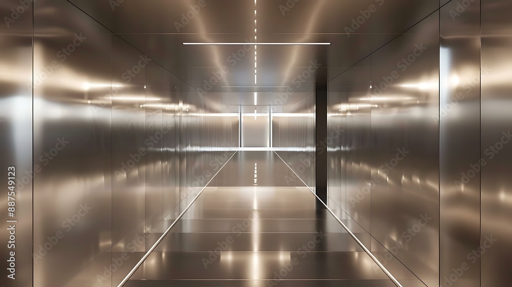 Poster an endless corridor with a minimalist design, featuring seamless metallic panels and pulsating led l