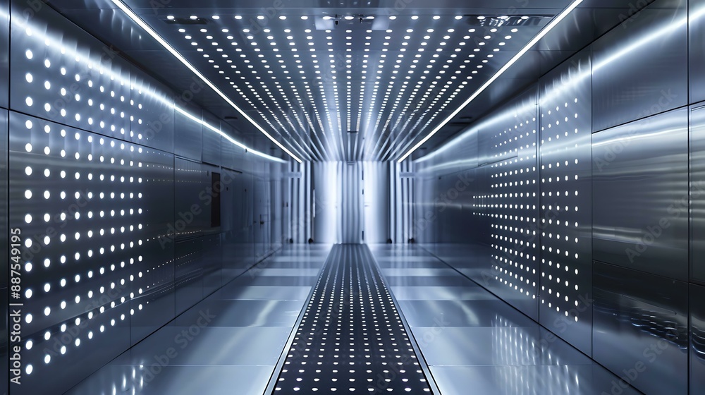 Poster an endless corridor with a minimalist design, featuring seamless metallic panels and pulsating led l