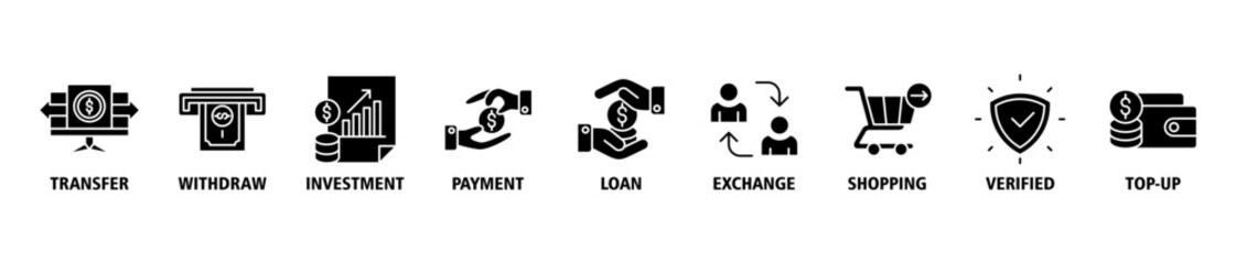 Mobile banking banner web icon set vector symbol illustration concept with icon of transfer, withdraw, investment, payment, loan, exchange, shopping, verified and top-up