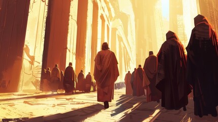 Jesus Walking Through an Ancient Temple Biblical Illustration Historical Reverence and Spiritual Presence Beige Background copyspace