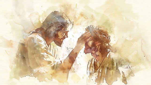 Christian Jesus Healing Blind Man with Touch Compassion and Miraculous Healing Beige Background and Copyspace