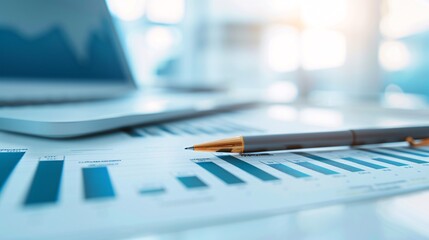Documents featuring comprehensive financial charts and graphs on a desk, with a consultant's pen marking significant trends, and ample copy space