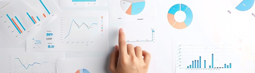 A consultant's hand pointing to important data on financial documents with various charts, surrounded by ample copy space for text or graphics