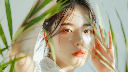 Fototapeta premium Summer Beauty Model with Korean Makeup Demonstrating Sunscreen Application, Clean White Background with Plant Decor, Skincare and Cosmetic Marketing Campaign Banner, AI-Generated High-Definition Wallp
