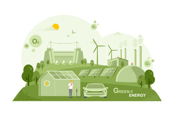 Caring for the environment and using clean green energy, Renewable energy sources net zero emission concept, Electric vehicle Technology, Wind power generator and Photovoltaics system industrial.	
