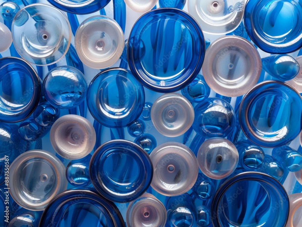 Poster Aerial View of Intricately Arranged Blue Glass Sculptures Creating a Geometric Pattern with Soft Lighting