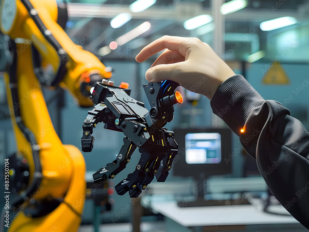 Poster Remote operator directs robotic arm using joystick control in a high-tech manufacturing environment.