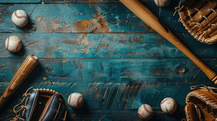 Baseball equipment flat lay nostalgic background with space for text