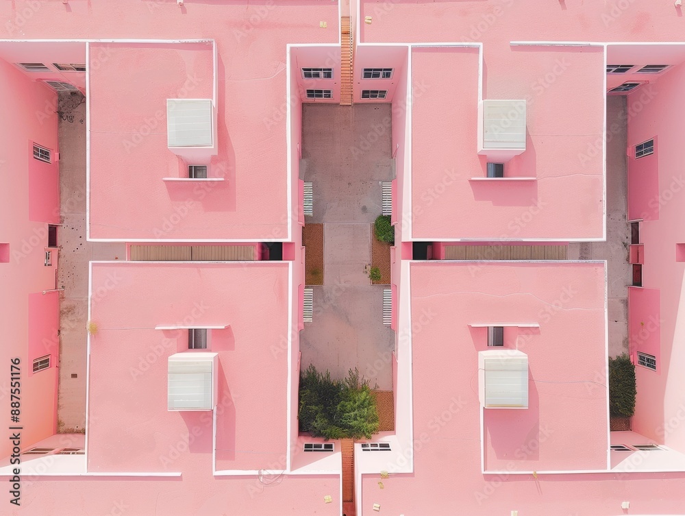 Poster symmetrical aerial view of pastel pink houses with geometric patterns in soft lighting