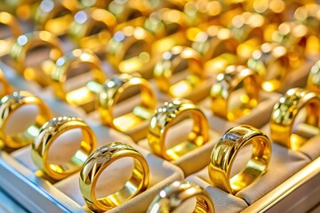 gold rings in display case in jewelry store closeup