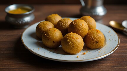A plate of laddoo Indian dessert.